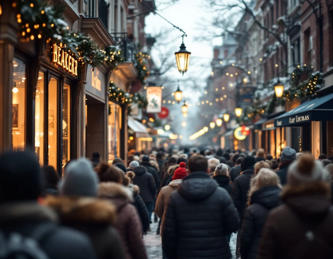 Crowded holiday shopping district with busy storefronts and shoppers during peak demand season
