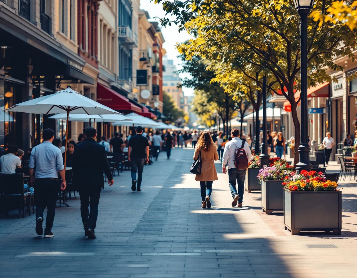 Busy retail pedestrian street with crowds, outdoor seating, and visible staff during peak commercial hours