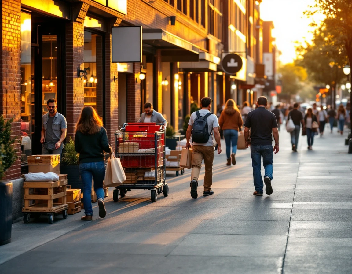 Retail workers restocking displays and managing checkout areas on a busy urban shopping street at golden hour