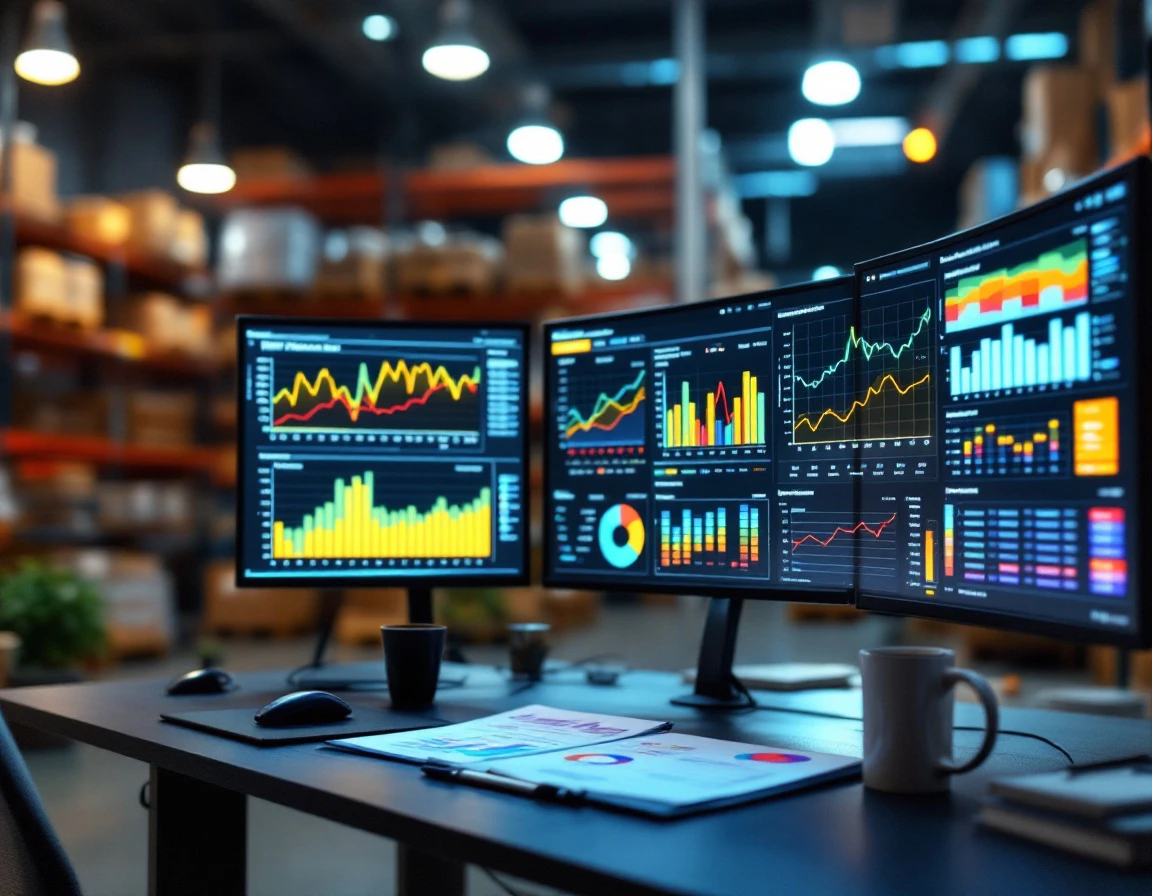 Warehouse operations workstation with demand forecasting charts and staff scheduling materials
