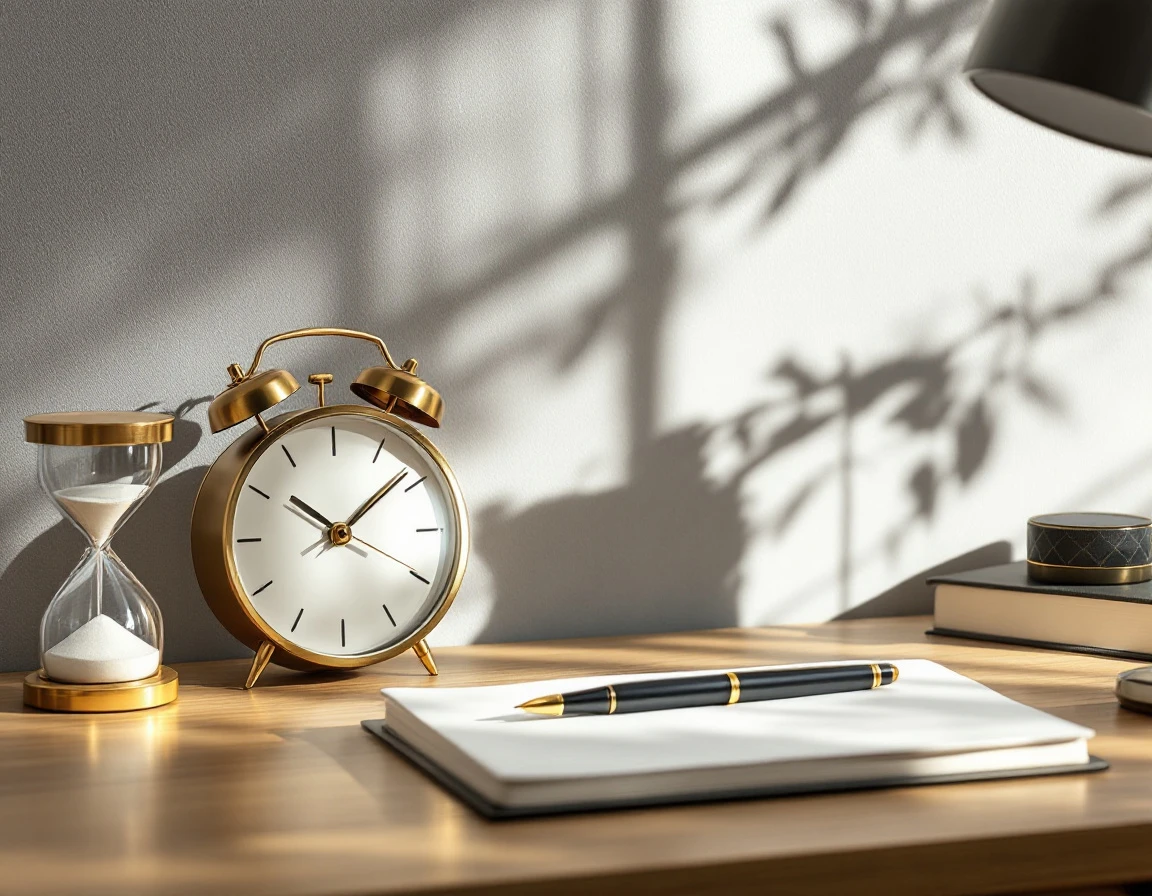 Brass hourglass on desk with clock and notebook symbolizing hourly time tracking for demand forecasting