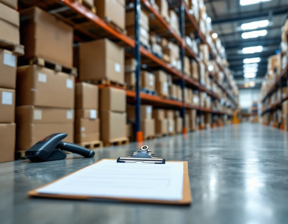 Organized retail stockroom with inventory management tools and categorized merchandise on industrial shelving