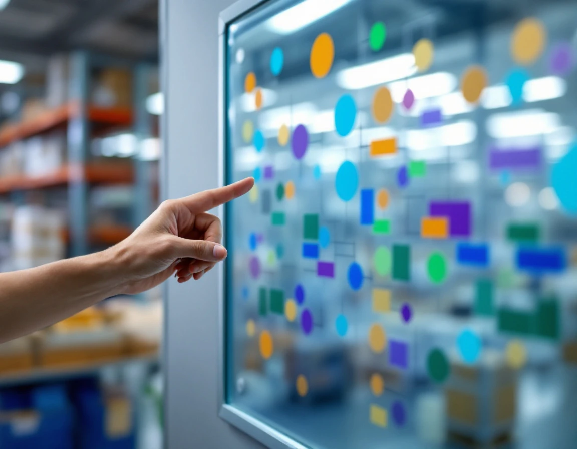 Manager's hand pointing at colorful geometric planning patterns on glass board in retail back office