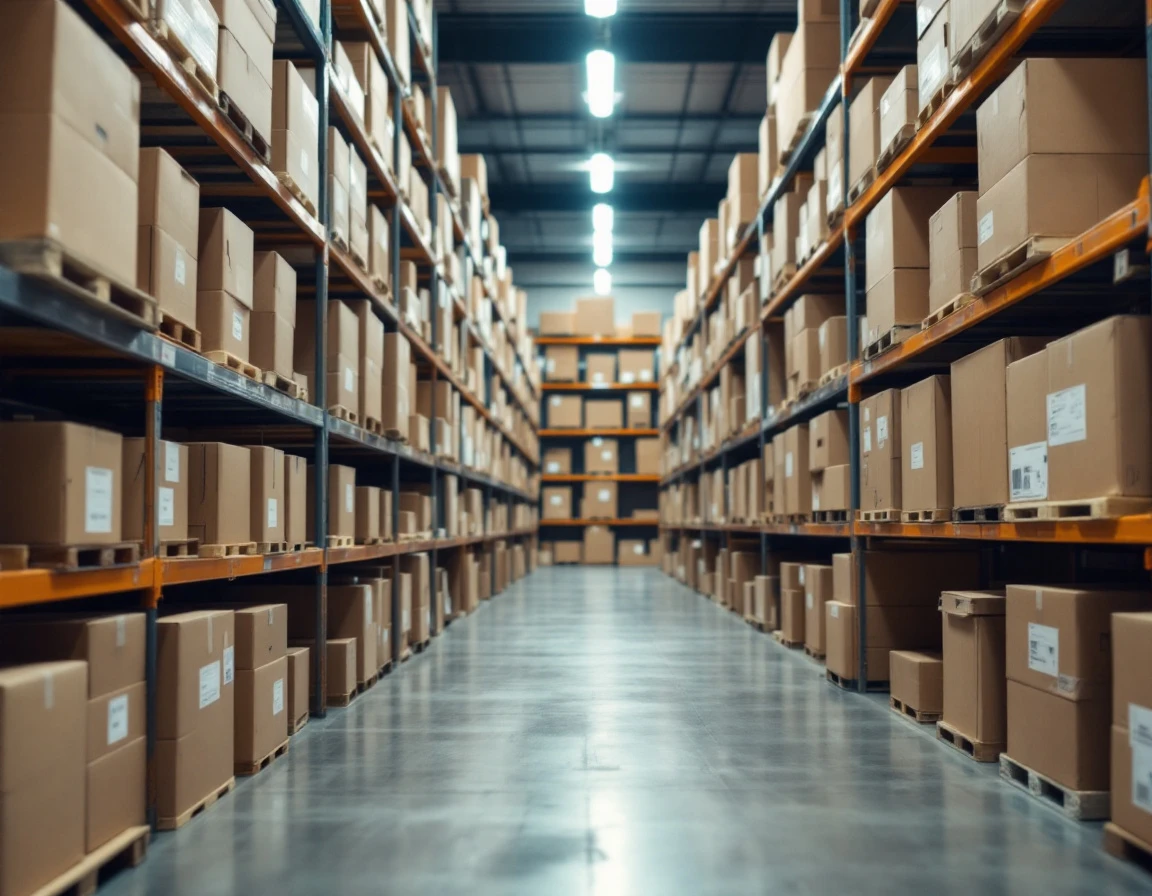 Warehouse shelving stacked with shipping boxes showing supply chain inventory management challenges