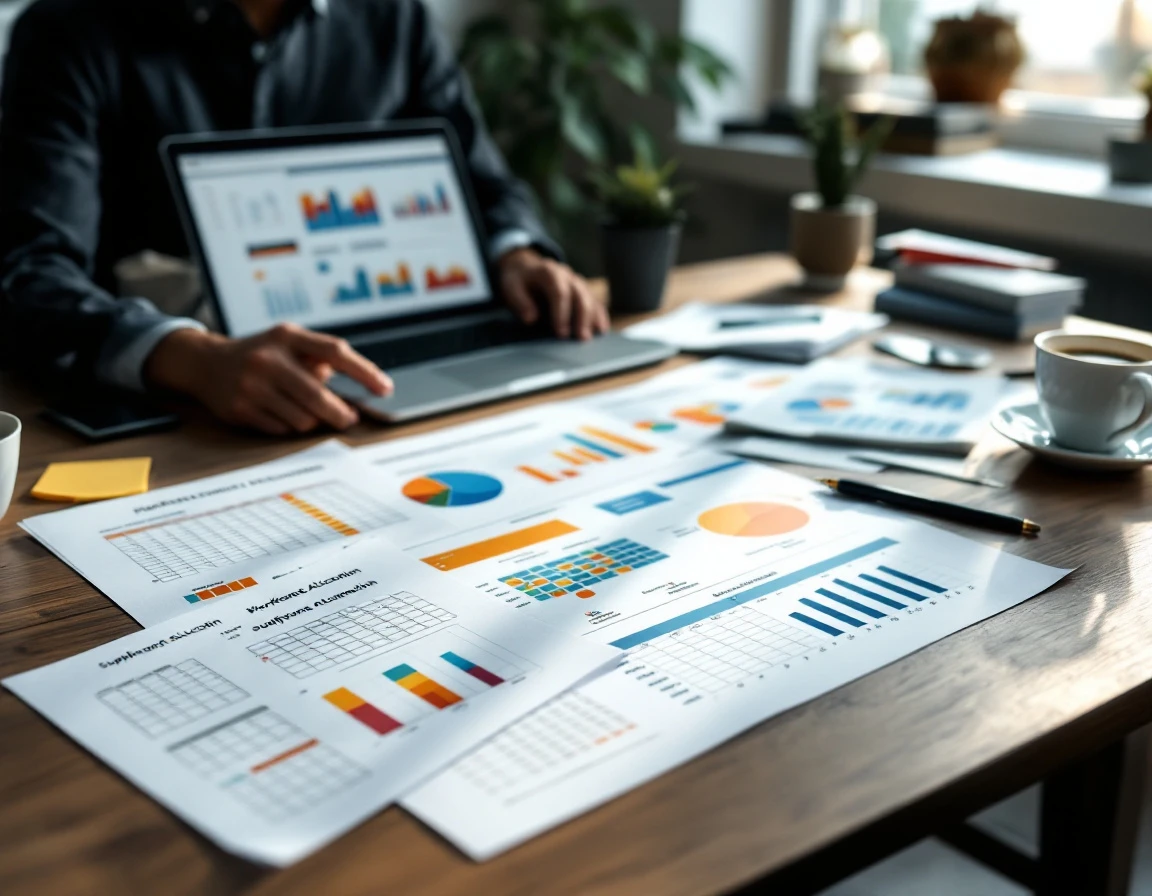 Retail manager's desk with scheduling charts, workforce planning documents, and supply chain materials