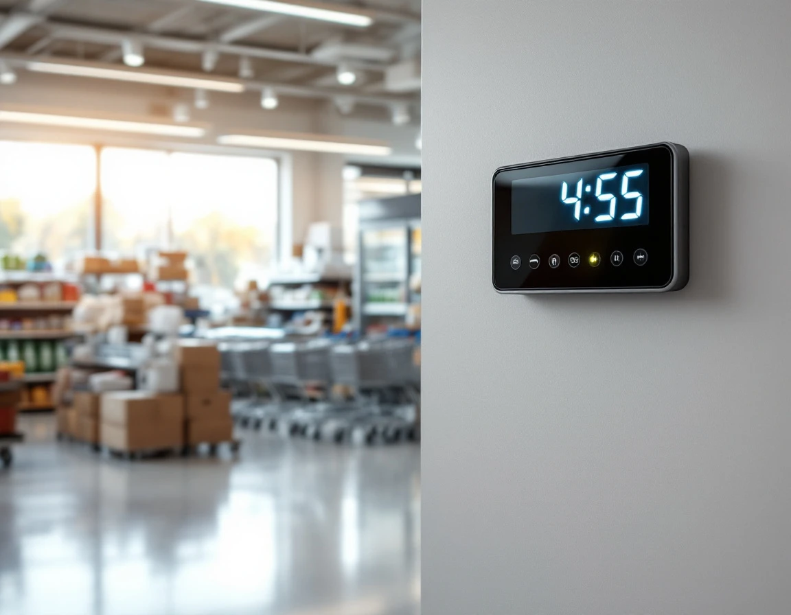 Modern time clock and break room entrance in contemporary retail store with organized merchandise floor