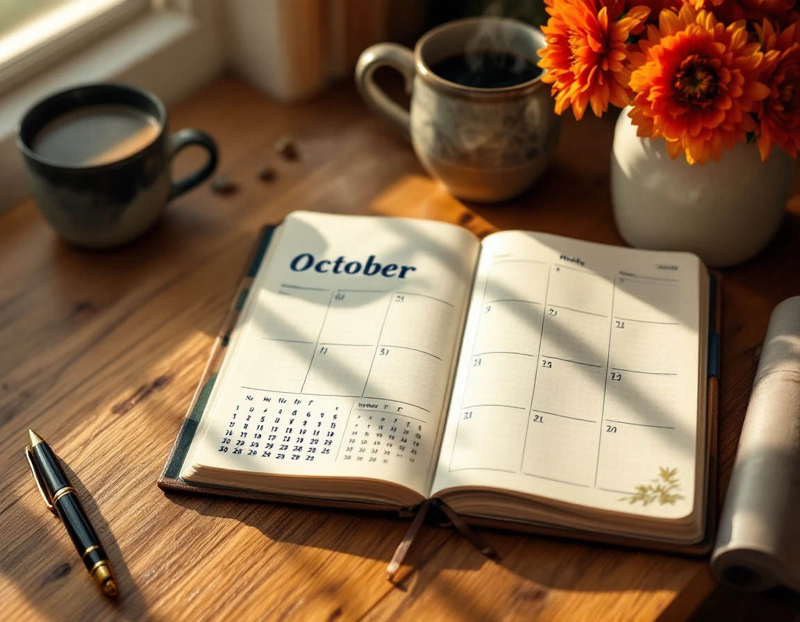 Open October planner on wooden desk with coffee, pen, and autumn flowers in natural morning light