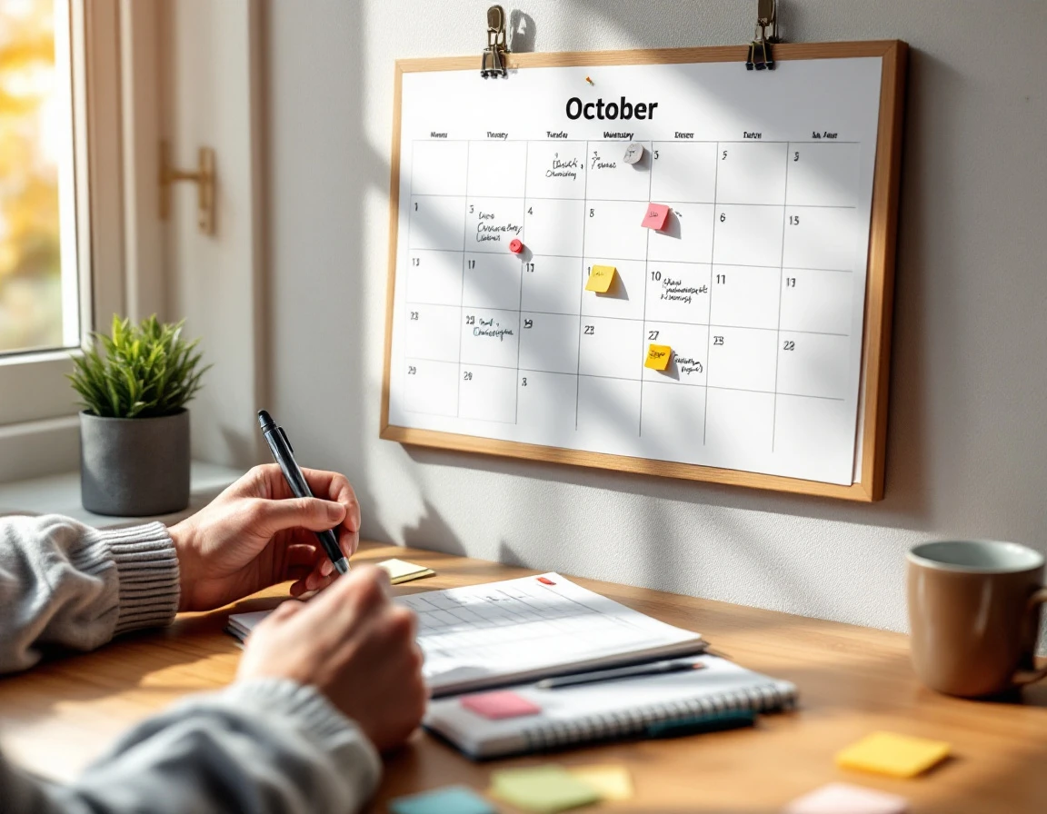 Workspace with October calendar, planner, and hand marking blackout dates with colored pins and notes