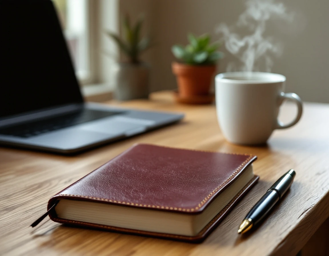 Leather planner notebook on wooden desk with coffee and laptop in blurred background workspace