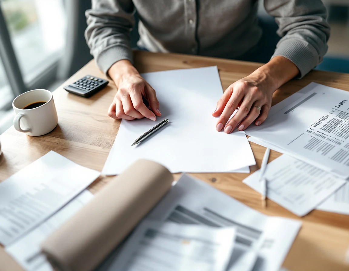 Business workspace with hands reviewing planning documents during retail labor audit analysis