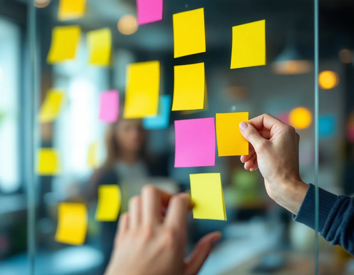 Hands arranging colorful sticky notes on glass planning board during workforce forecasting review