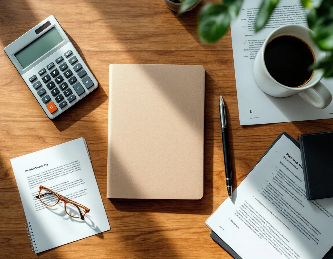 Clean workspace with notebook, calculator, coffee, and business documents on wooden desk