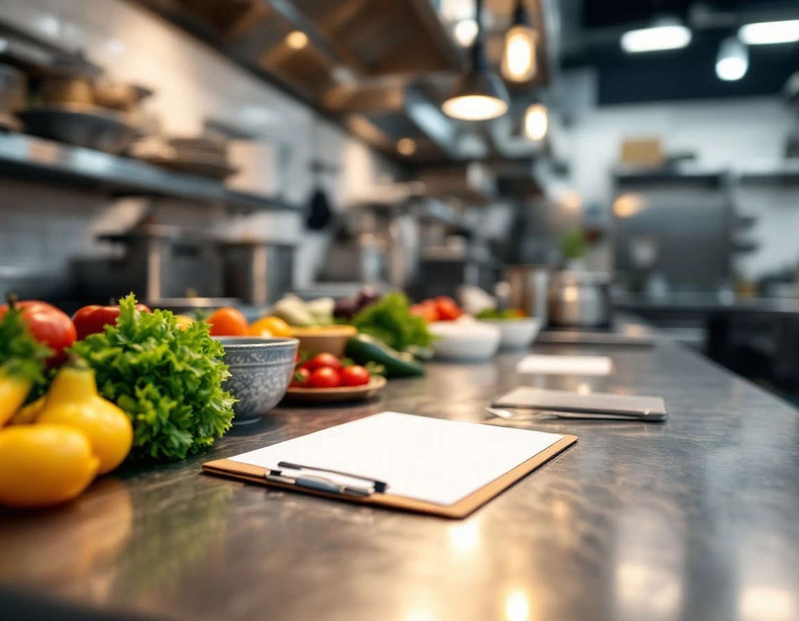 Commercial kitchen prep station with clipboard and fresh ingredients on stainless steel counter