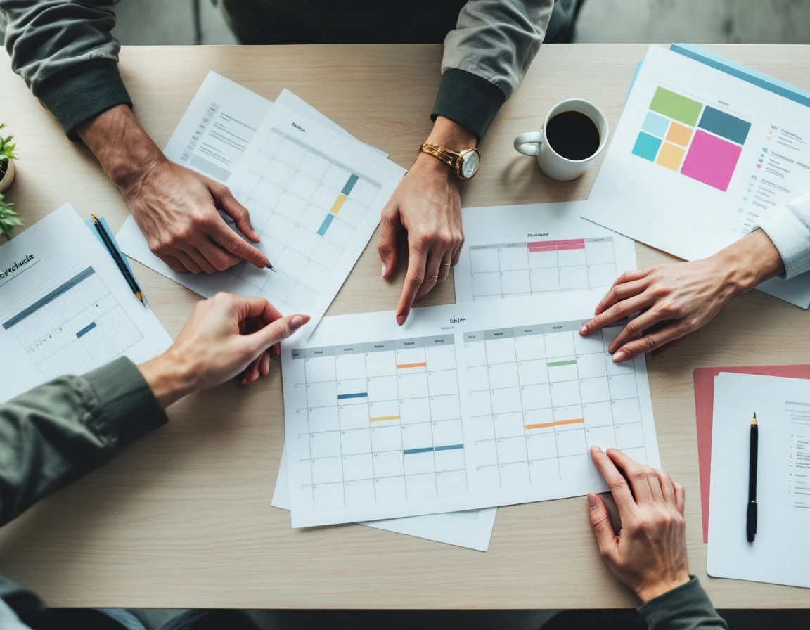 Overhead view of hands collaborating over printed shift schedules on wooden desk surface