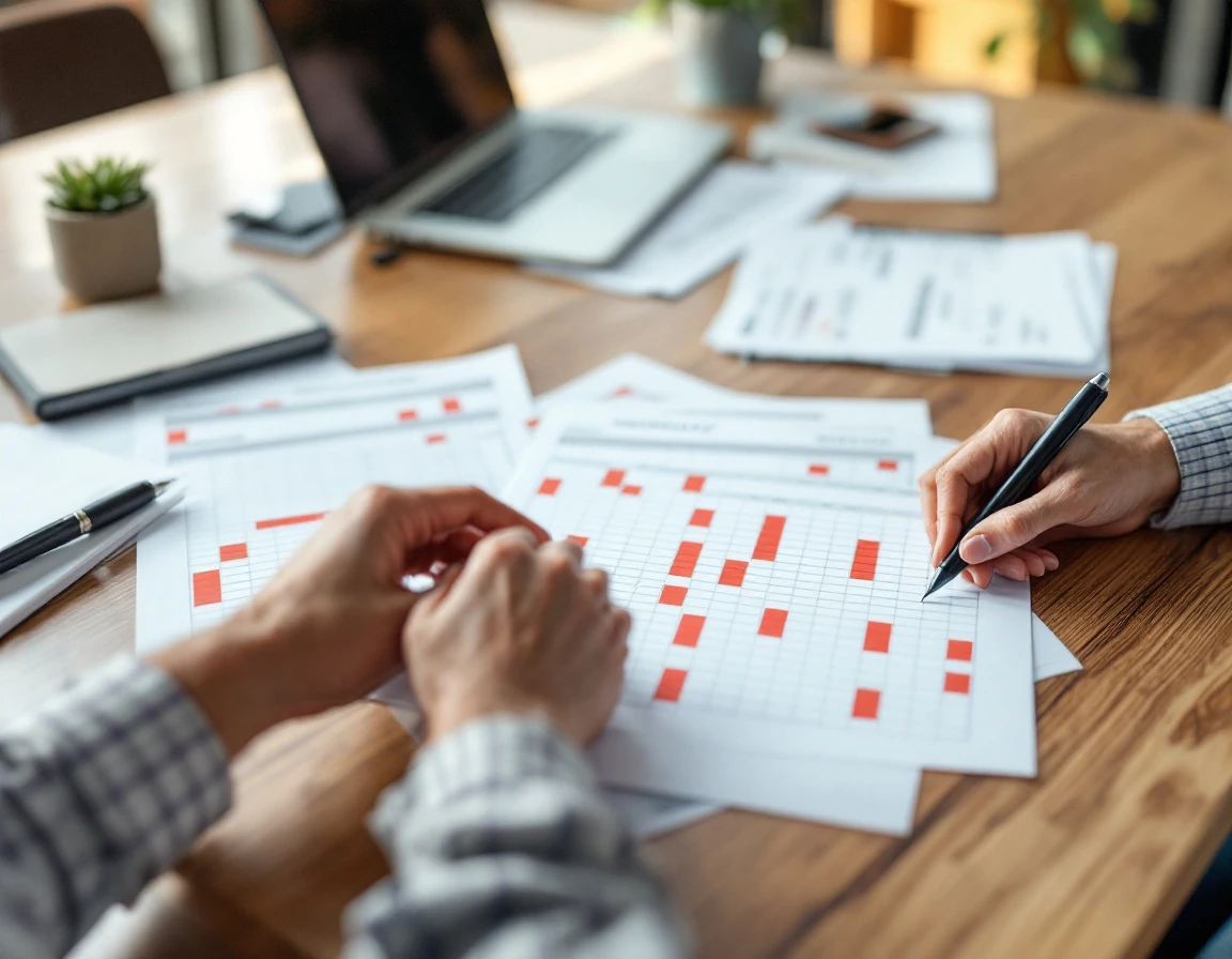 Hands organizing printed shift schedules and staff availability sheets on an office desk
