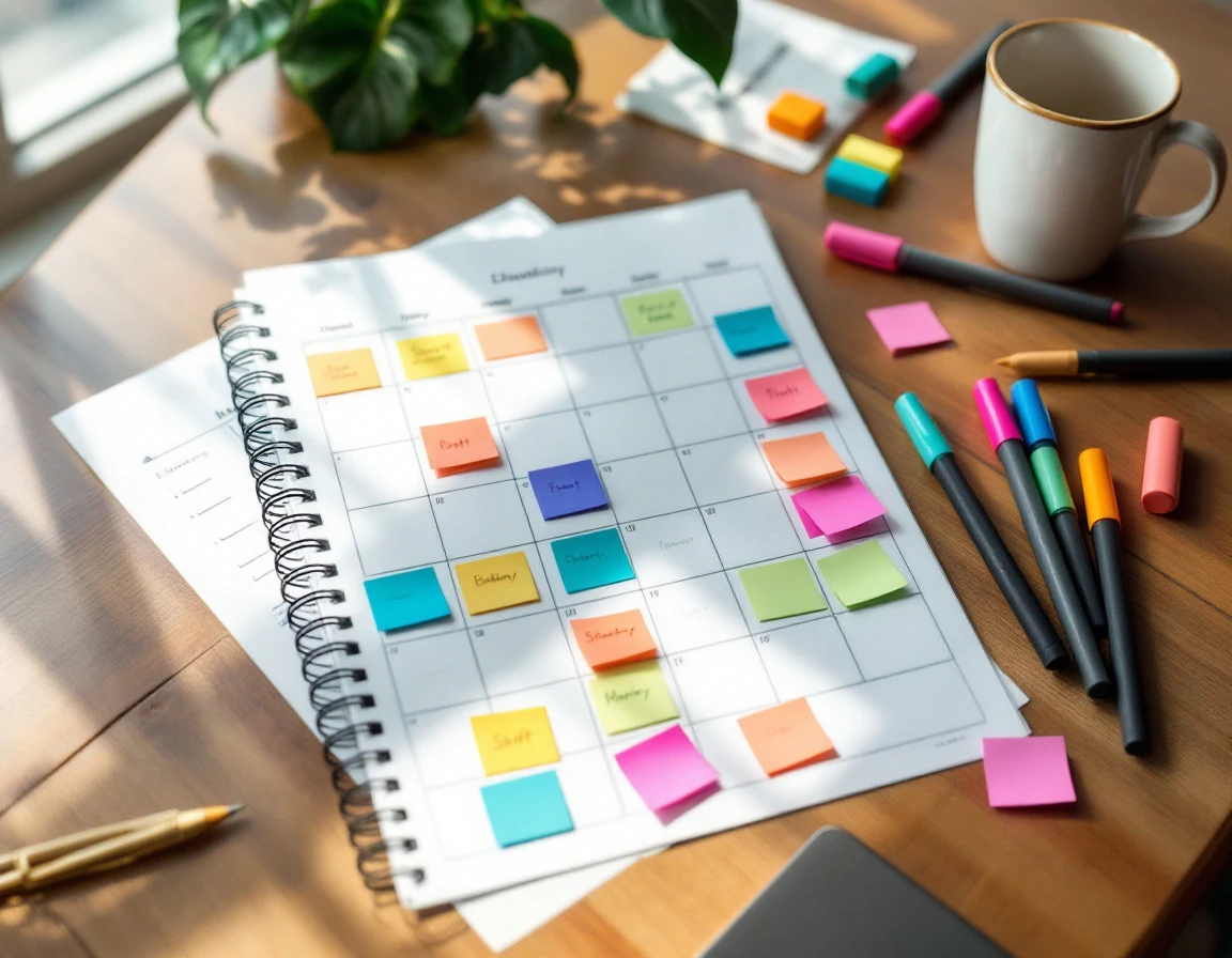 Color-coded scheduling planner with markers and sticky notes showing staff availability patterns