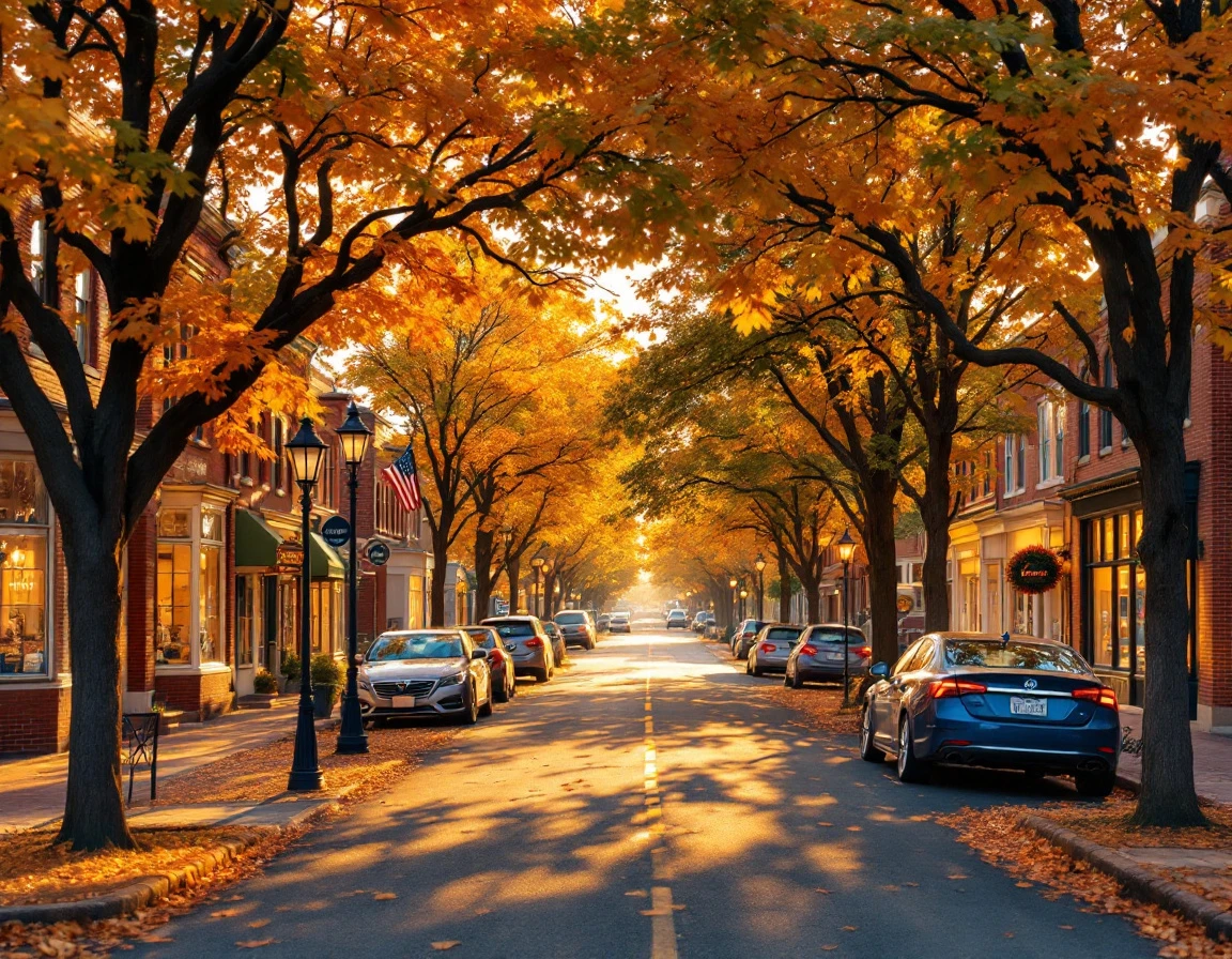 Downtown main street lined with brick storefronts and autumn trees during golden hour