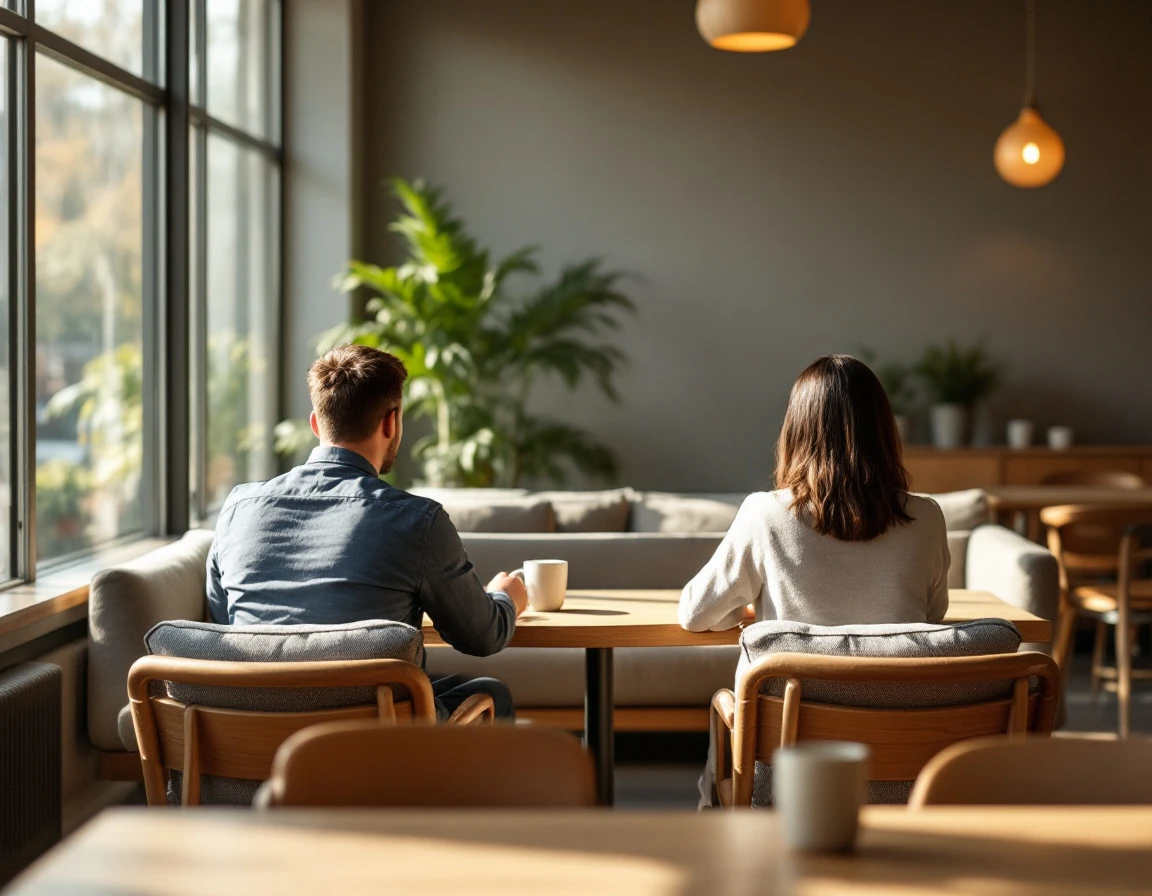 Modern office break room with natural lighting, comfortable seating, and employees in conversation