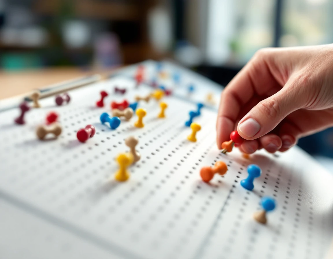 Hand placing colored pegs into blank pegboard for scheduling workflow planning
