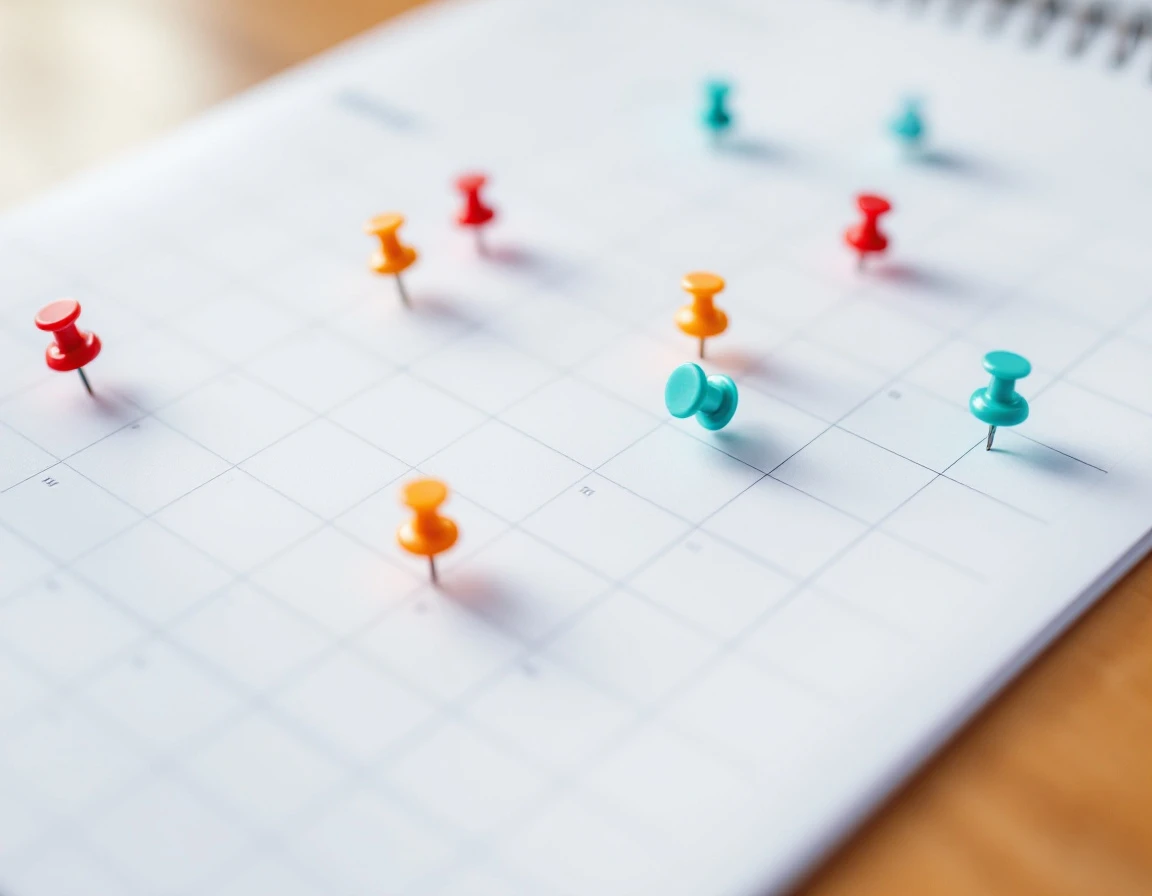 Colorful thumbpins marking dates on a blank calendar grid for holiday schedule planning