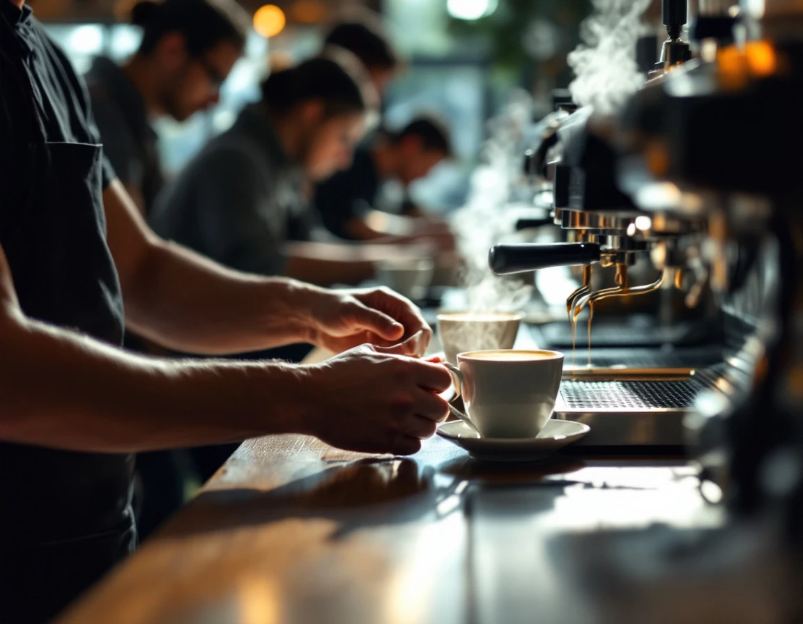 Coffee shop barista preparing drinks during busy morning rush with customers at counter