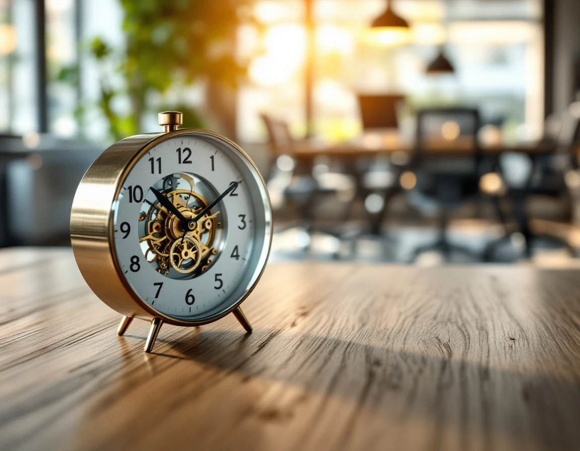 Analog clock mechanism on modern office desk with empty flexible workspace in soft morning light