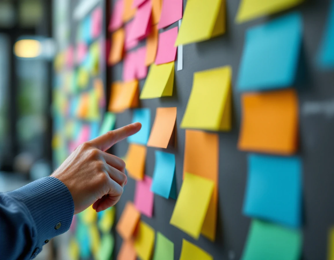 Hand pointing at colorful blank sticky notes organized on project planning board for workforce scheduling