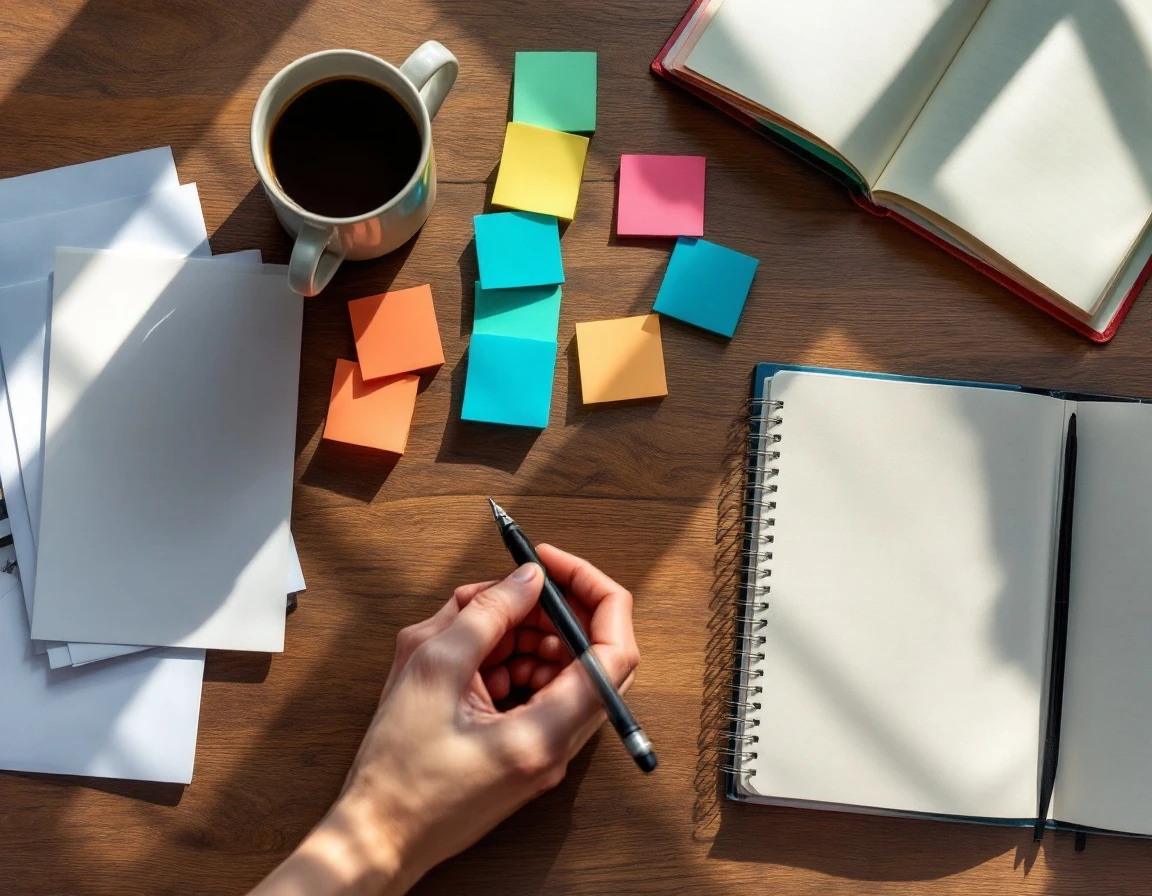 Overhead view of desk with coffee, blank planner, and color-coded sticky notes for schedule planning