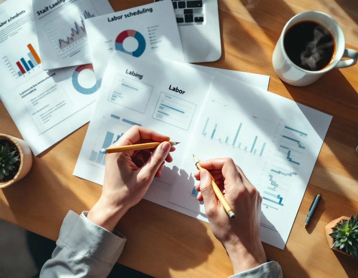 Overhead view of hands planning labor schedules with coffee and workspace materials on wooden desk