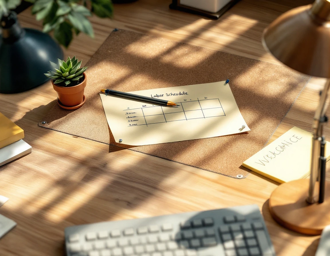 Overhead view of workspace with handwritten scheduling materials, pushpins, and office supplies on wooden desk