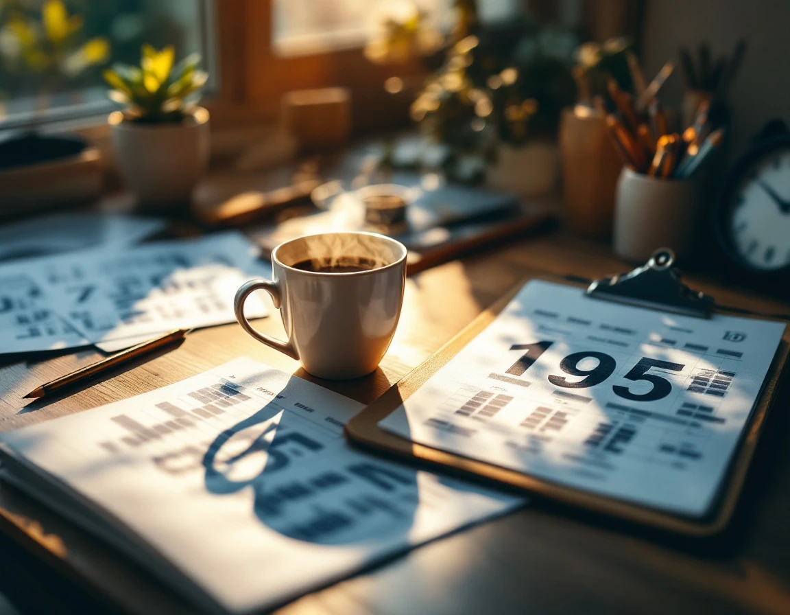Retail manager's desk with scheduling materials, coffee, and planning tools in morning light
