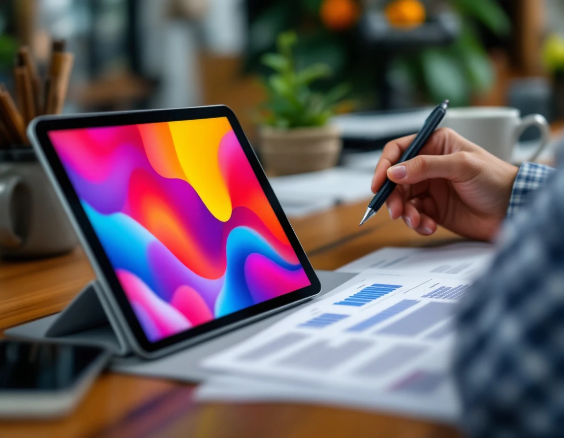 Retail manager's workspace with tablet and scheduling materials on desk with natural lighting