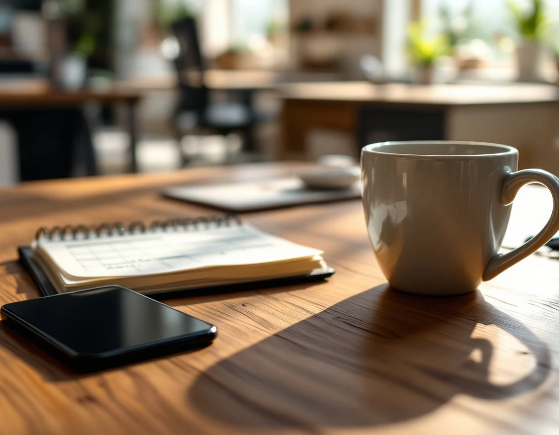 Retail manager's workspace with coffee mug, planner, and smartphone during morning scheduling review