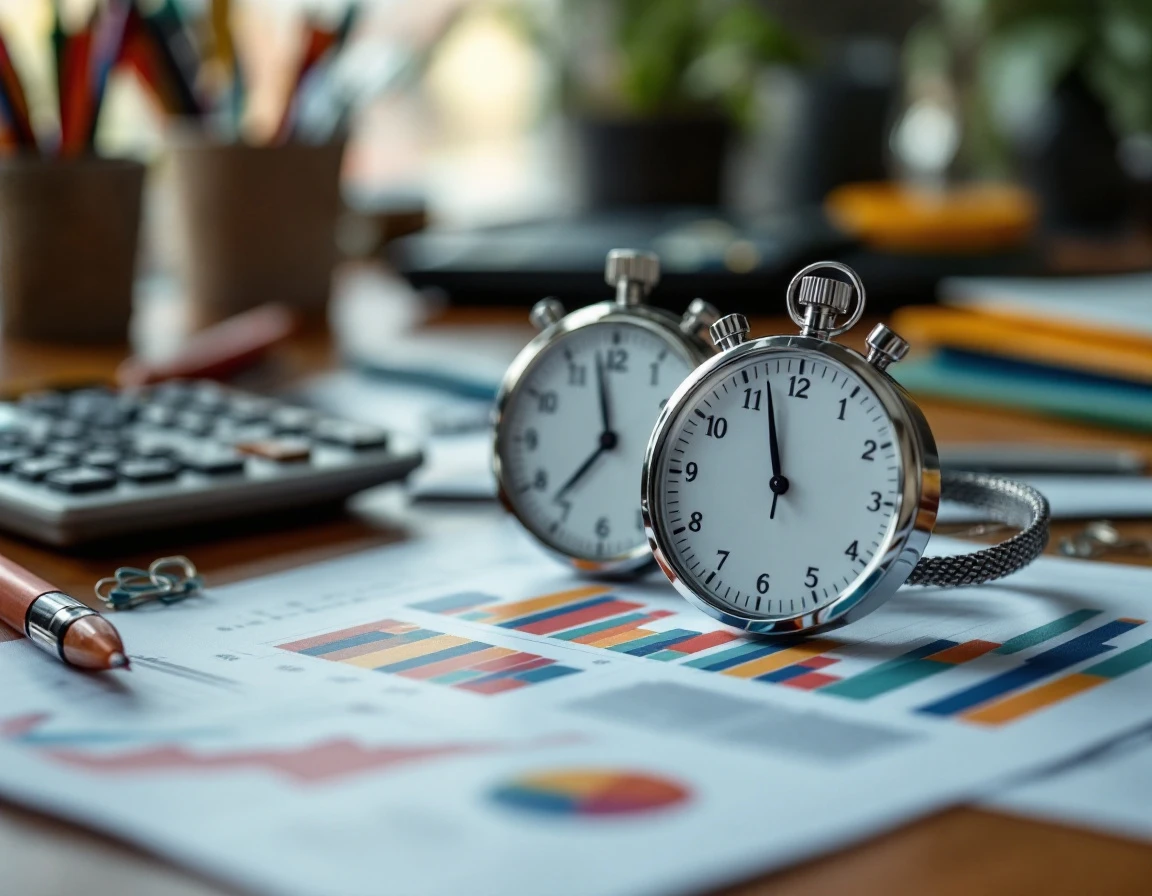 Stopwatch and calculator on business workspace with blurred charts representing labor planning metrics