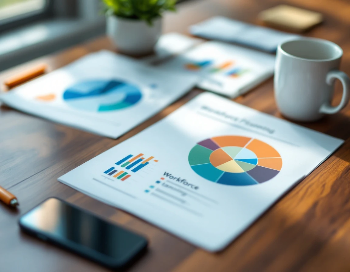 Workforce planning documents with abstract data visualizations on a modern business desk