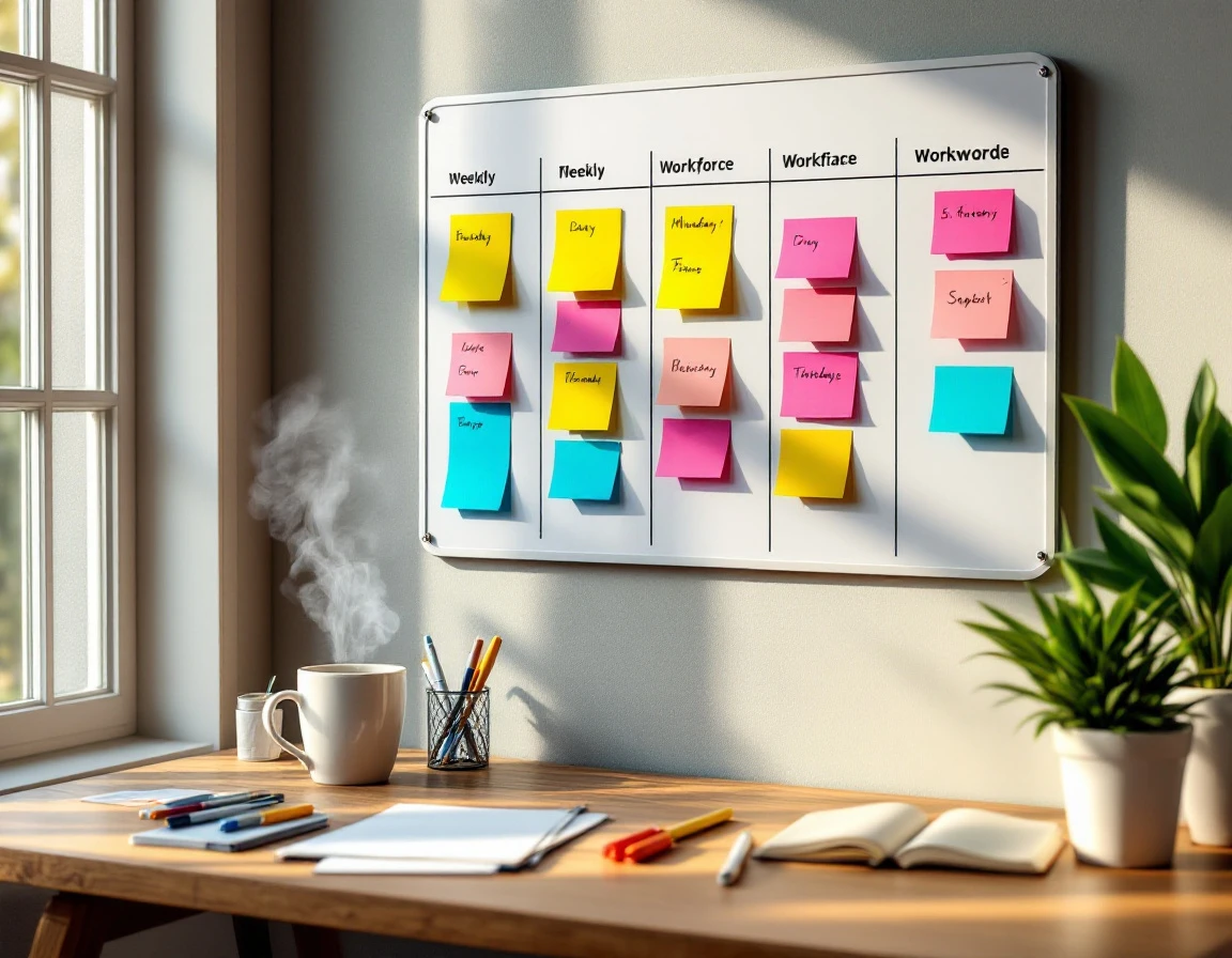 Workspace planning board with color-coded sticky notes organized for Q4 workforce scheduling