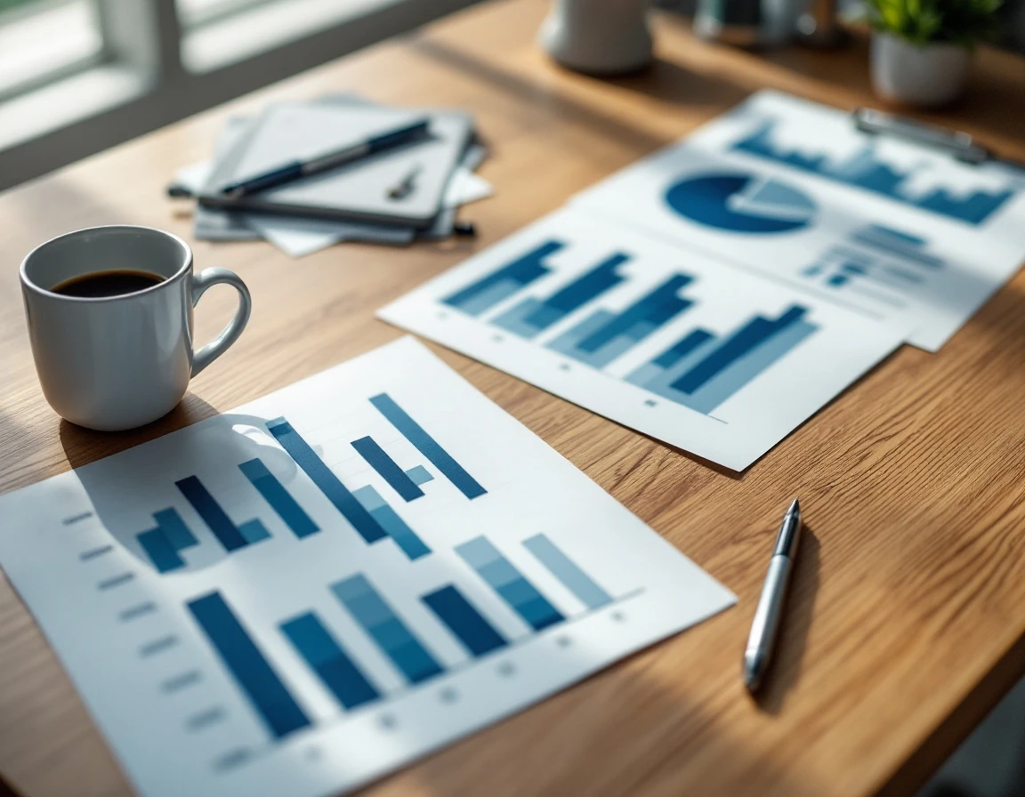 Overhead view of business workspace with coffee and blurred analytical charts on oak desk