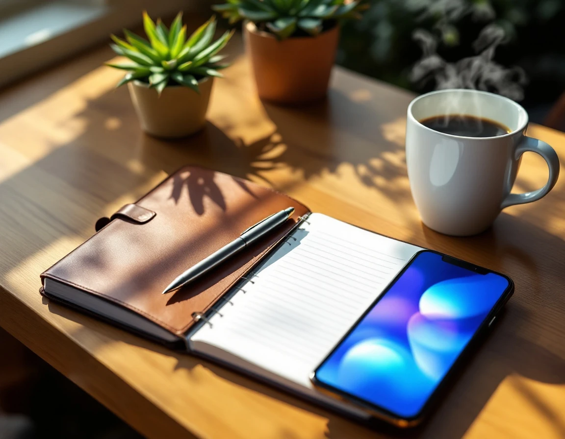 Professional desk workspace with closed planner, smartphone with abstract interface, coffee, and natural lighting