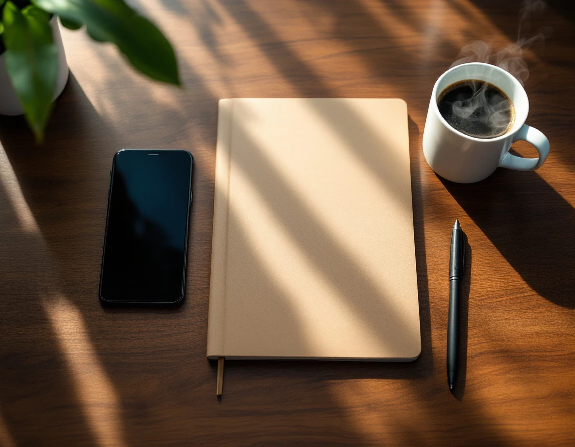Overhead view of clean workspace with notebook, smartphone, coffee, and pen on wooden desk