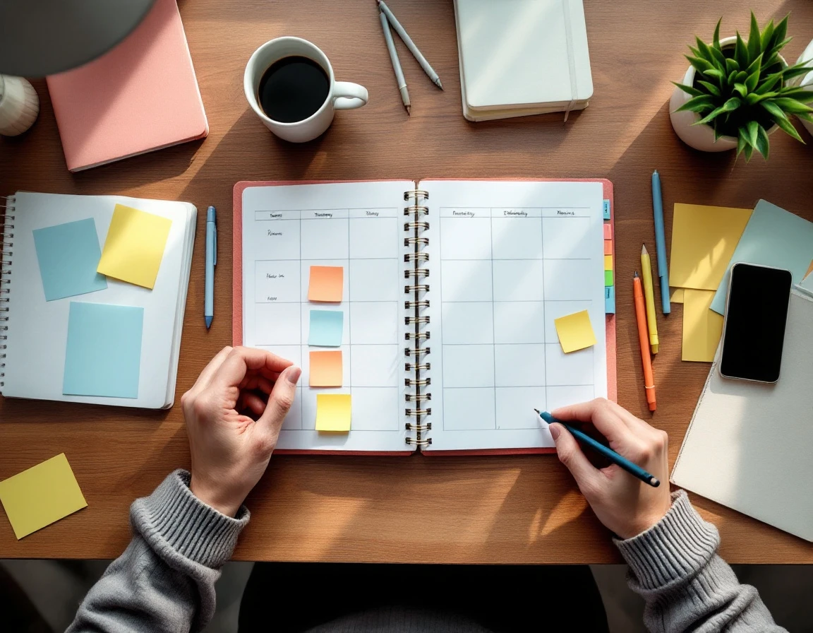 Overhead view of retail manager's workspace with open planner, color-coded notes, and scheduling materials