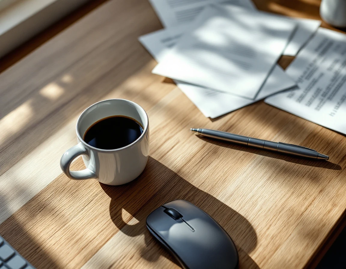 Minimalist desk workspace with coffee mug, keyboard, and out-of-focus business papers on oak surface