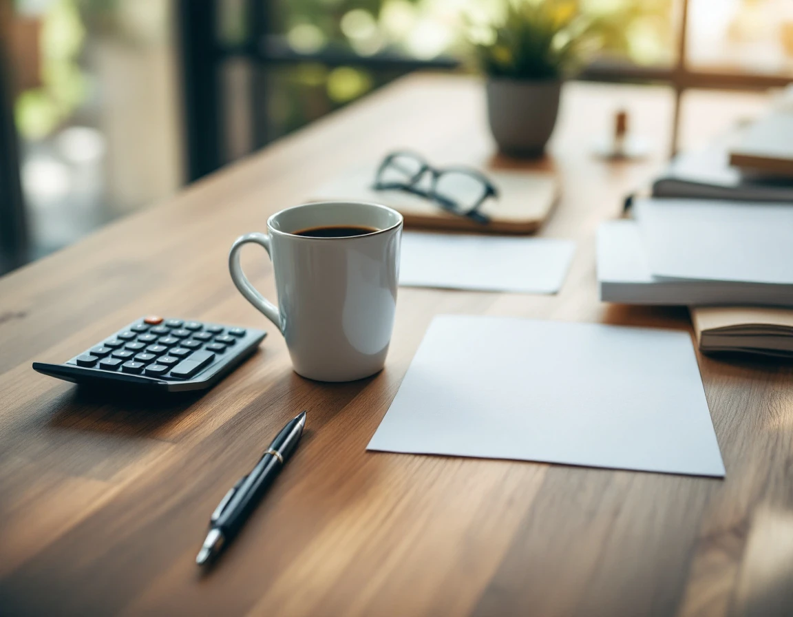 Overhead view of business desk workspace with coffee, calculator, and blank papers in natural morning light