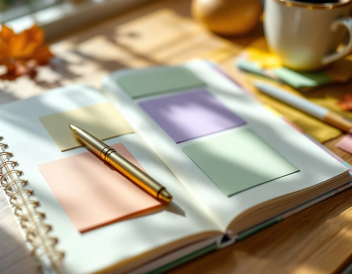 Spiral planner with pastel sticky notes and fountain pen on desk with soft natural window lighting