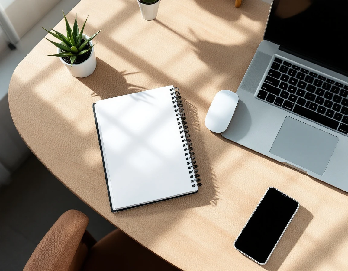 Modern workspace desk with laptop, blank notebook, and office supplies for workforce scheduling