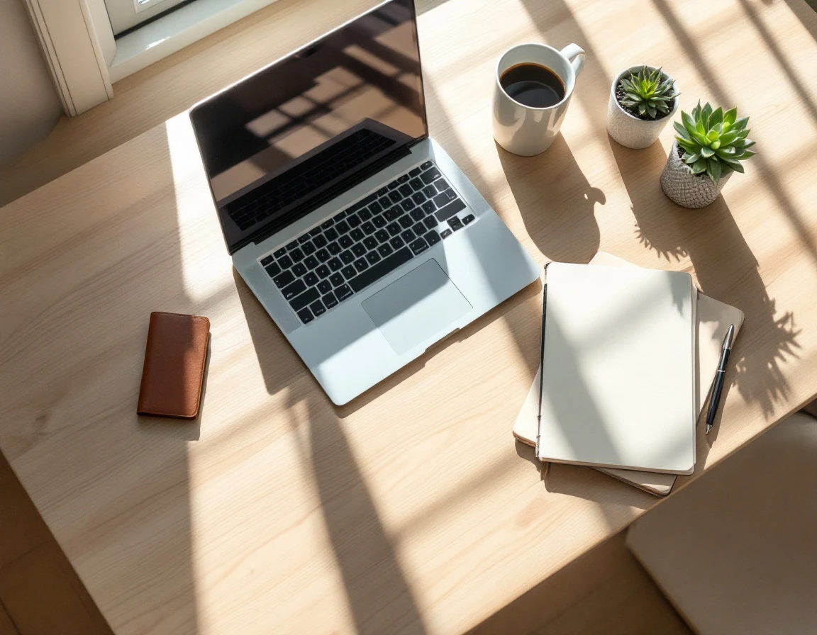 Clean workspace with laptop, coffee, and blank notebook ready for scheduling implementation work
