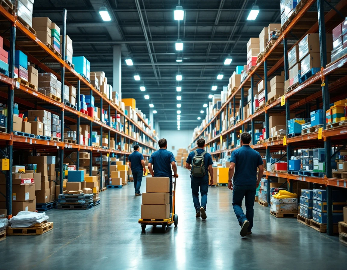 Workers moving through warehouse aisles stocked with back-to-school supplies during peak retail season