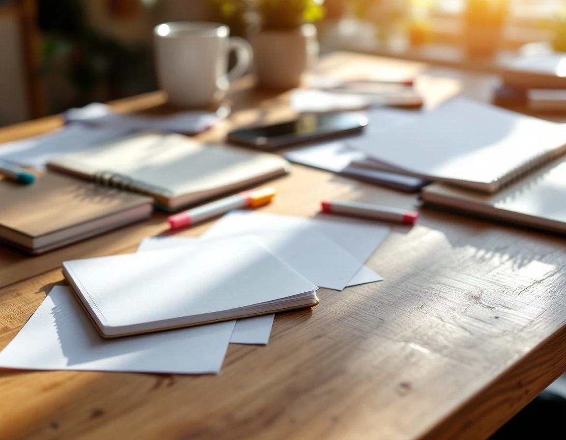 Workspace with planning materials, markers, and coffee mug for retail staffing preparation