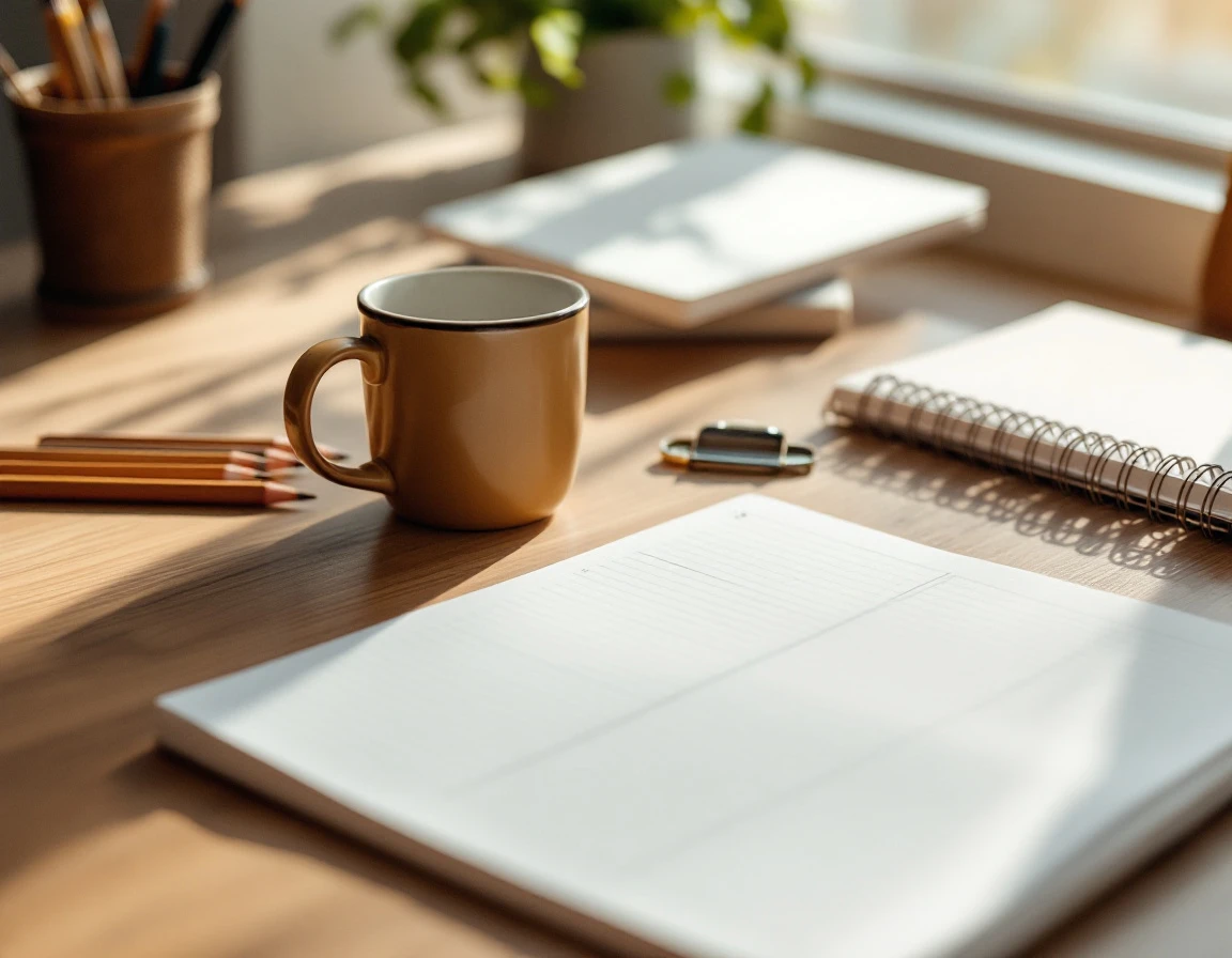 Desk workspace with coffee mug, pencils, and blank planner during back-to-school retail planning season