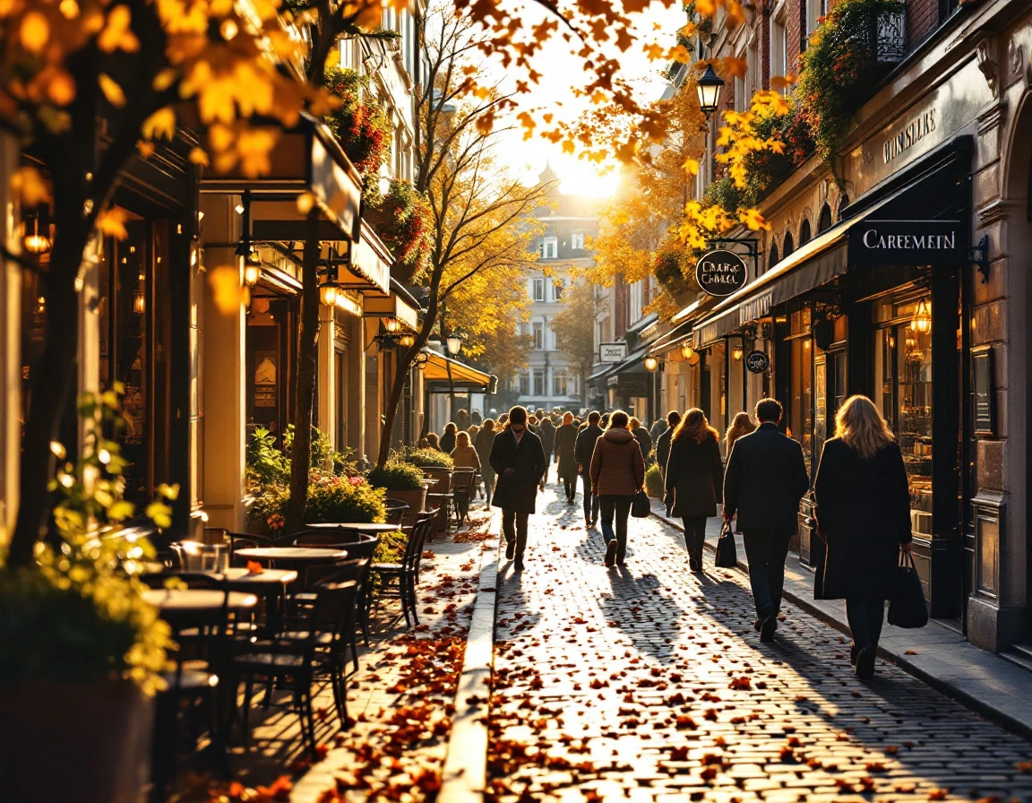 European retail district with pedestrians and outdoor café seating during autumn golden hour