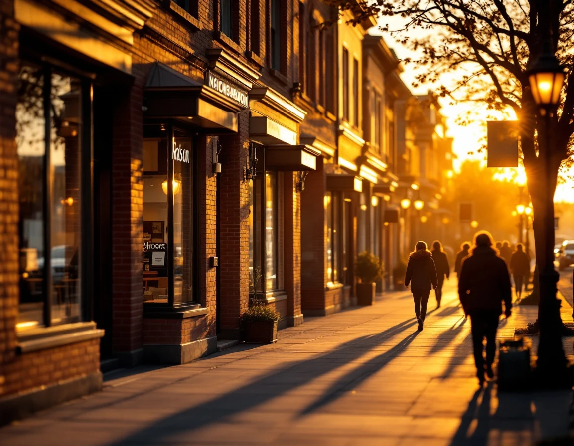 Retail street at golden hour showing storefronts transitioning to evening operations with warm natural lighting